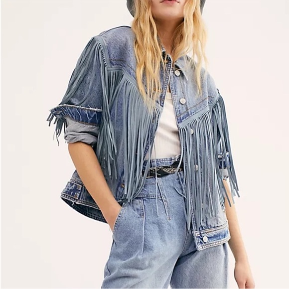 Free People After Hours Fringe Denim Jacket XS Oversized Western Boho Sold Out - Picture 3 of 13